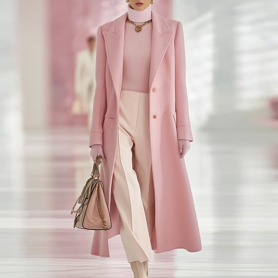 Women's Belted Solid Color Maxi Wool Coat,Notched Lapel Single Breasted Long Winter Overcoat,Elegant Tailored Outerwear for Office 04-Pink XXL