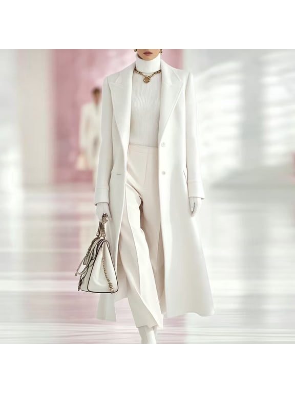 Women's Belted Solid Color Maxi Wool Coat,Notched Lapel Single Breasted Long Winter Overcoat,Elegant Tailored Outerwear for Office 05-White L