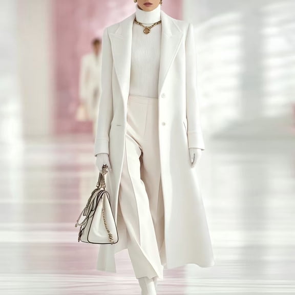 Women's Belted Solid Color Maxi Wool Coat,Notched Lapel Single Breasted Long Winter Overcoat,Elegant Tailored Outerwear for Office 05-White M