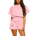 thumbnail image 1 of Women's Belted Vacation Romper - Short Sleeve Keyhole Back Jumpsuit | 2025 Summer Beach Crew Neck Playsuit Casual Cruise Outfit, 1 of 6