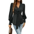 thumbnail image 1 of Women's Belted Waist Shirt, Solid Color V Neck Tie Front Fitted Blouse, Elegant Office Wear, Black - XL, 1 of 4