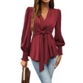 thumbnail image 1 of Women's Belted Waist Shirt, Solid Color V Neck Tie Front Fitted Blouse, Elegant Office Wear, Wine - 2XL, 1 of 4