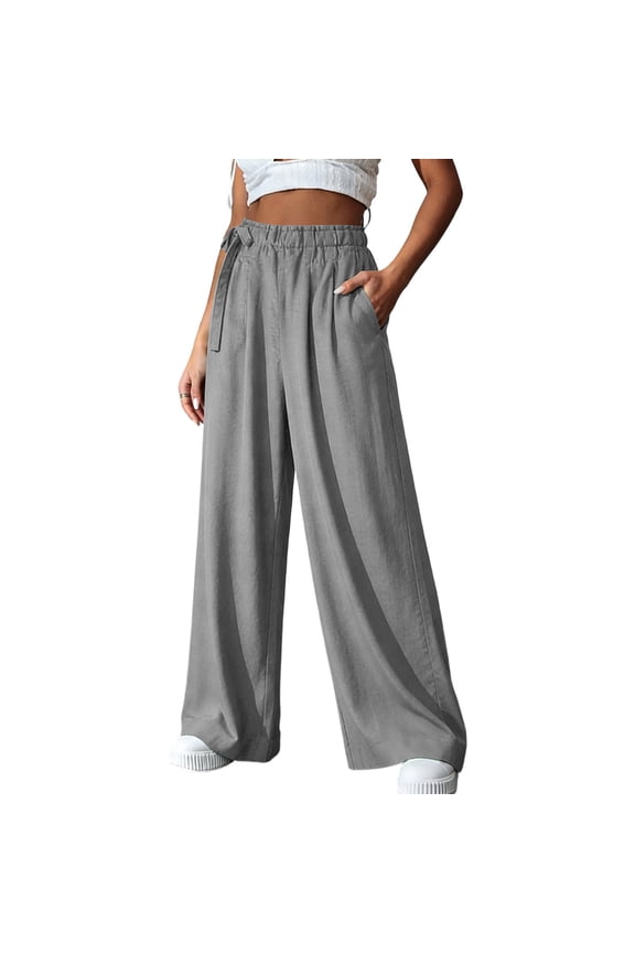 Women's Belted Waist Summer Linen Dress Pants, Elegant Pleated Straight Leg Business Casual Trousers with Pockets