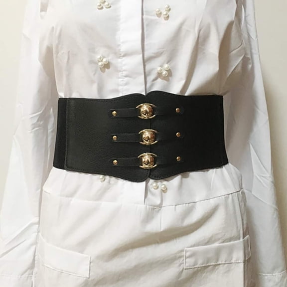 Women's Belts, Leather Elastic Waist Belt, Wide Belts with Gold Metal Buckle Fashion Corset Belt, Blouse Jeans Dress Skirt Waistband, Black
