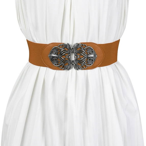 Women's Belts, Vintage Elastic High Stretch Wide Waist Belt, Retro Flower Brass Buckle Wide Cinch Belt Waistband, Suitable for Daily Occasions, Brown