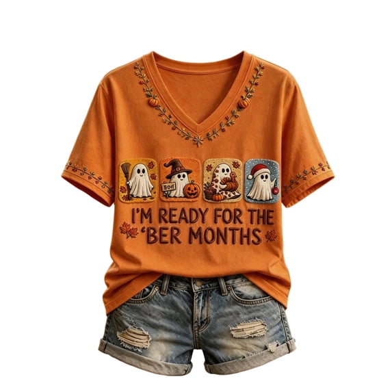 Women's Ber Months Tshirt Short Sleeve V Neck Halloween Thanksgiving Fall Season Graphic Tee Tops