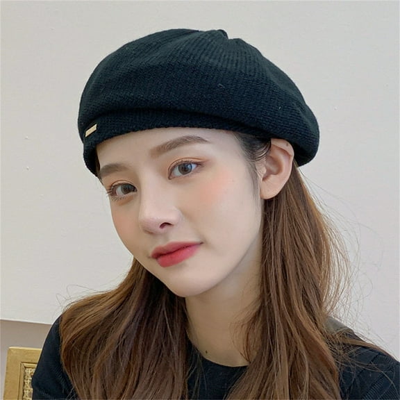 Women's Berets New Casual Versatile Solid Colour Wool Knitted Beret Outdoor Warm Cap Simple Painter Hat Female,Black Women's Accessories Berets M