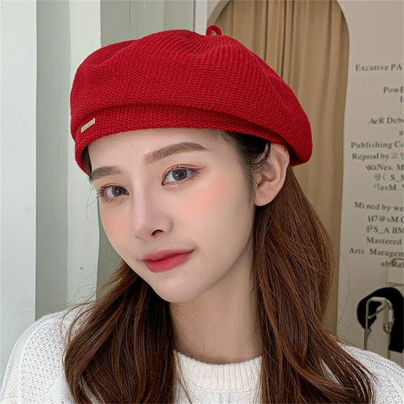 Women's Berets New Casual Versatile Solid Colour Wool Knitted Beret Outdoor Warm Cap Simple Painter Hat Female,Red Women's Accessories Berets M