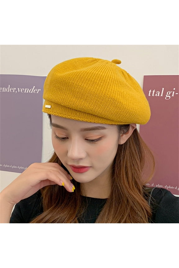 Women's Berets New Casual Versatile Solid Colour Wool Knitted Beret Outdoor Warm Cap Simple Painter Hat Female,Yellow Women's Accessories Berets M