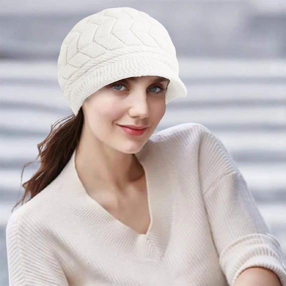 Women's Berets Womens Winter Beanie Hat Warm Knitted Wool Hats Cap With Visor,White Women's Accessories Berets
