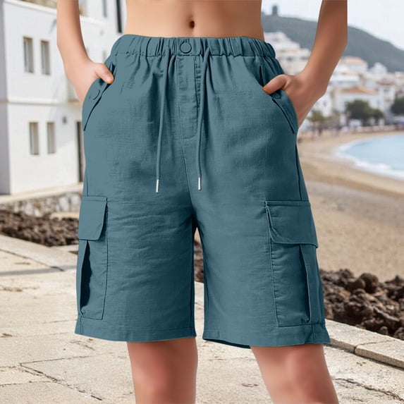 Women's Bermuda Cargo Shorts, Drawstring Elastic Waist Multiple Pocket Casual Shorts, Cotton Linen Loose Fit Mid-Thigh Shorts for Summer, Casual Workwear and Vacation Outfits Blue L