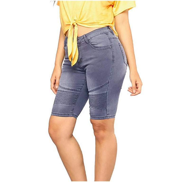 Women's Bermuda Denim Shorts Solid Pleated Shorts with Pockets Stretch Roll  Cuff Jean Shorts Summer Casual Knee Length Jean Leggings(M,Dark Blue) 
