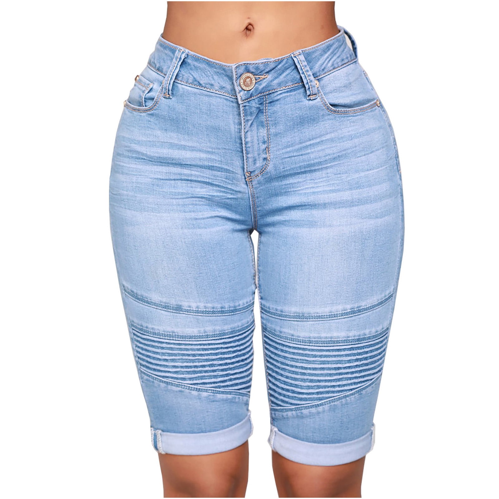 Women's Bermuda Denim Shorts Solid Pleated Shorts with Pockets Stretch Roll  Cuff Jean Shorts Summer Casual Knee Length Jean Leggings(S,Light Blue) 
