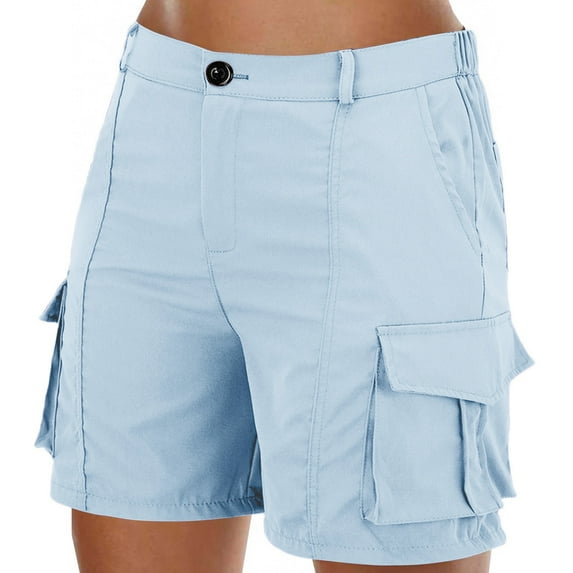 Women's Bermuda Dress Shorts Women's Solid Color Work Pants Casual Elastic Waist Shorts with Multiple Pockets Pants Sky Blue S