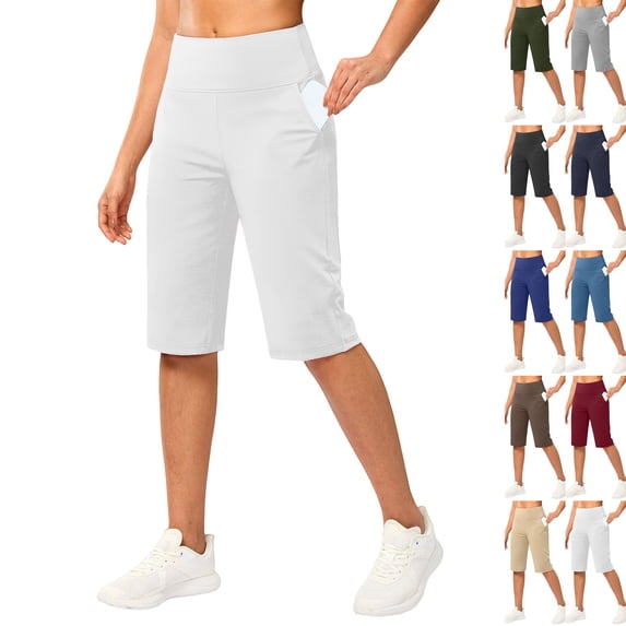 Women's Bermuda Long Shorts 14" Knee Length Capris with Pockets High Waisted Athletic Casual Shorts for Women White M
