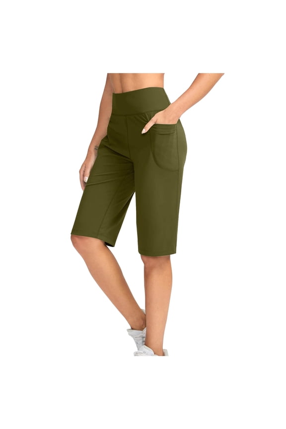Women's Bermuda Long Shorts High Waisted Below Knee Crop Gym Workout Pants Fitness Sweatpants with Pockets