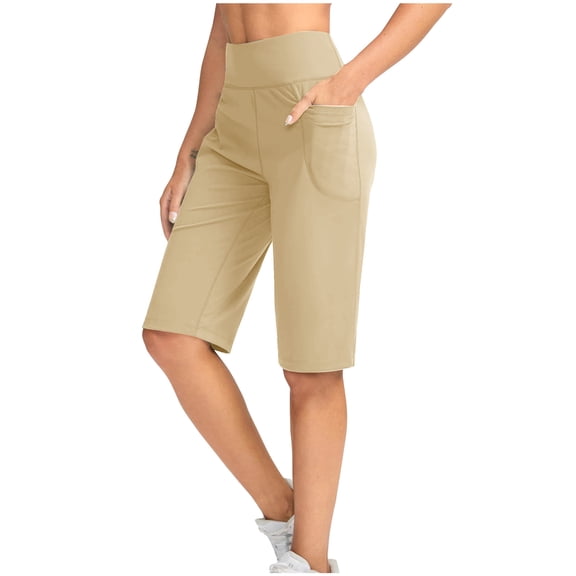 Women's Bermuda Long Shorts High Waisted Below Knee Crop Gym Workout Pants Fitness Sweatpants with Pockets