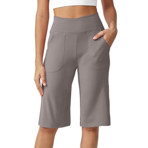 Women's Bermuda Long Shorts Knee Length High Rise Athletic Shorts Pull On Workout Walking Golf Running Summer Brown XL