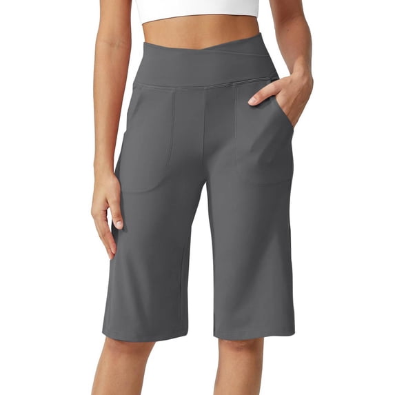 Women's Bermuda Long Shorts Knee Length High Rise Athletic Shorts Pull On Workout Walking Golf Running Summer Gray M