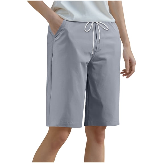 Women's Bermuda Short with Pockets Athletic Running Comfy Long Shorts Pull On Drawstring Lightweight Sweatshorts