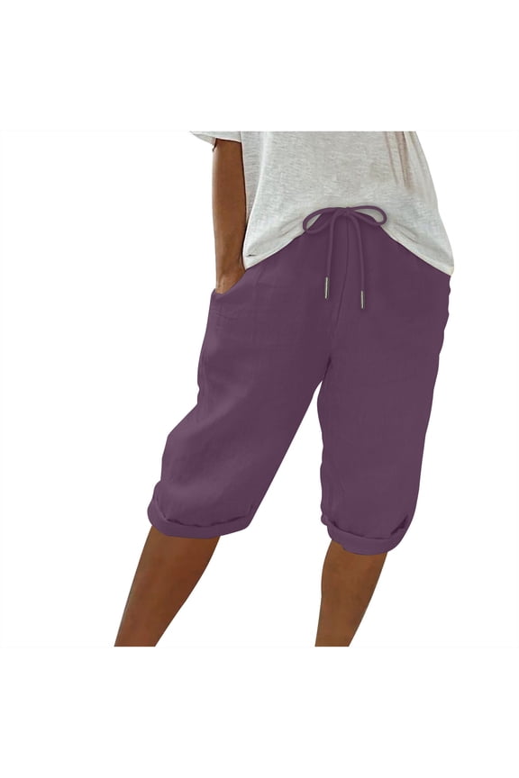 Women's Bermuda Shorts Cotton Linen Jersey Shorts with Pockets Yoga Walking Sports Athletic Knee Length Sweatpants