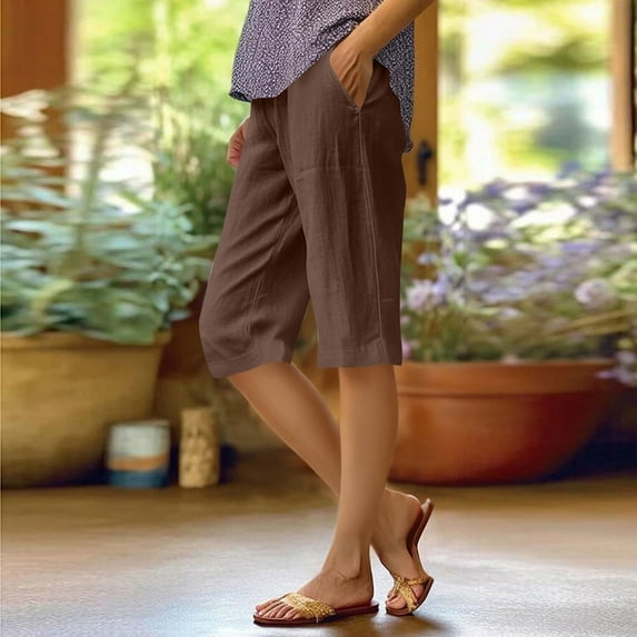 Women's Bermuda Shorts Cotton Linen Knee Length Shorts Summer Casual Lightweight Loose Beach Shorts with Pockets