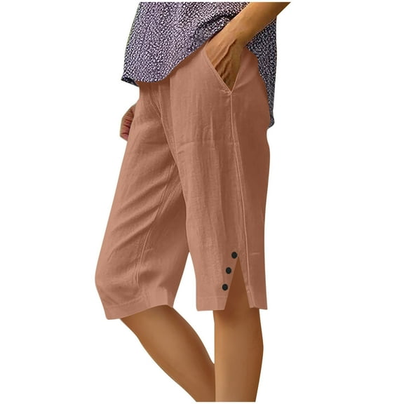 Women's Bermuda Shorts – Knee-Length Linen-Blend Summer Shorts with Elastic Waist & Side Slits, Dressy Casual Capri Pants for Beach & Travel