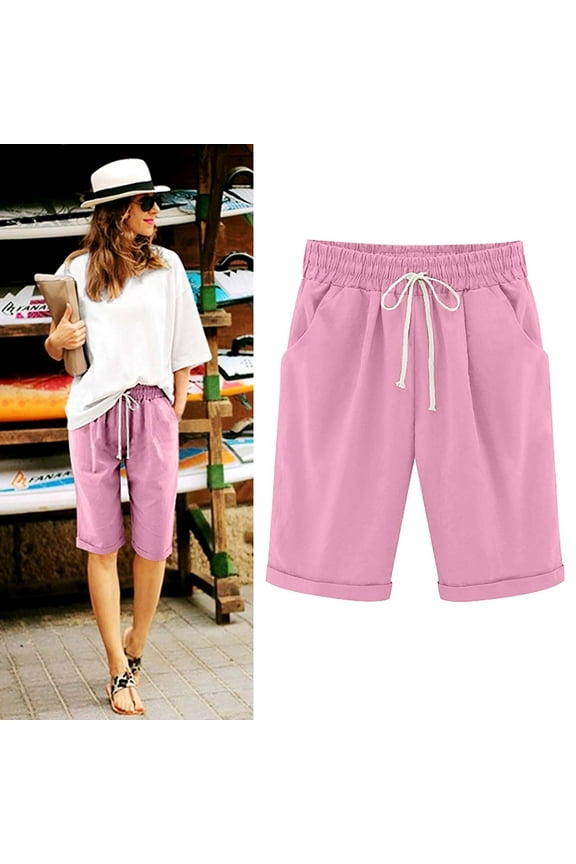 Women's Bermuda Shorts Linen Cotton Jersey Shorts, Long Shorts for Women Knee Length Lounge Athletic Drawstring Elastic Waist Shorts