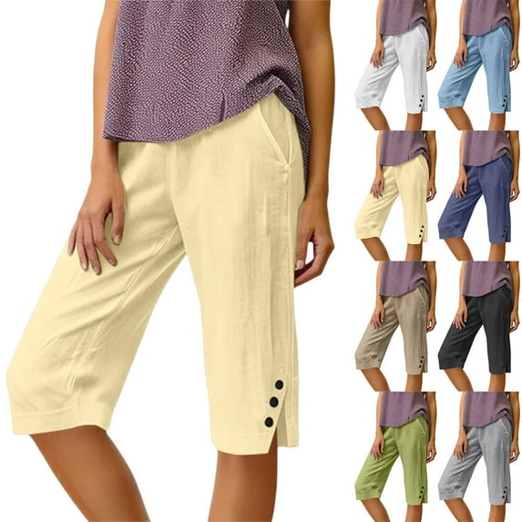 Women's Bermuda Shorts Linen Shorts Knee Length Casual Summer Capri Pants Pull On Long Shorts Beige 2XL 16" Inseam