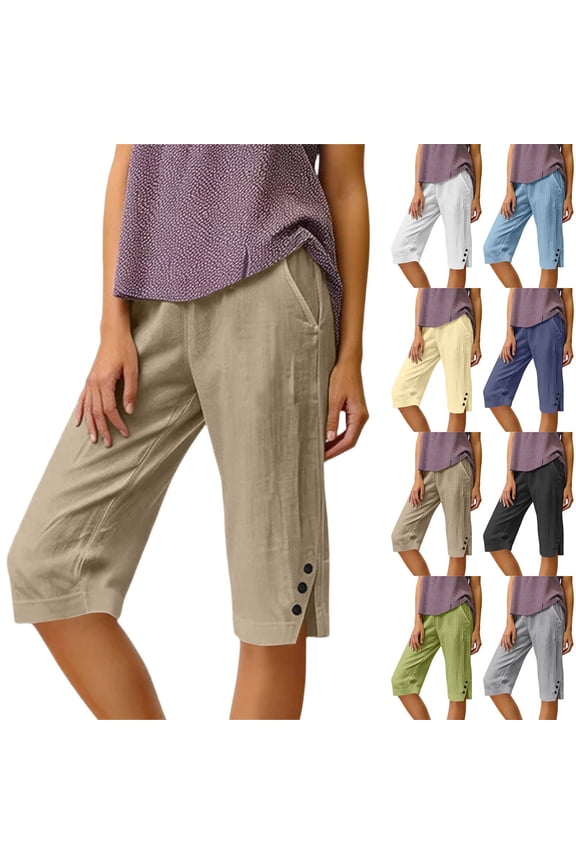 Women's Bermuda Shorts Linen Shorts Knee Length Casual Summer Capri Pants Pull On Long Shorts Khaki 2XL 16" Inseam