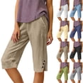 thumbnail image 1 of Women's Bermuda Shorts Linen Shorts Knee Length Casual Summer Capri Pants Pull On Long Shorts Khaki S 13" Inseam, 1 of 7