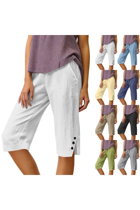Women's Bermuda Shorts Linen Shorts Knee Length Casual Summer Capri Pants Pull On Long Shorts White M 13" Inseam