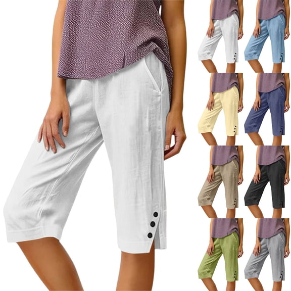 Women's Bermuda Shorts Linen Shorts Knee Length Casual Summer Capri Pants Pull On Long Shorts White XL 15" Inseam