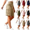 thumbnail image 1 of Women's Bermuda Shorts Solid Color Elastic Waistband Button Cargo Pants Multiple Pockets Knee Length Summer Sports Casual Shorts, 1 of 7