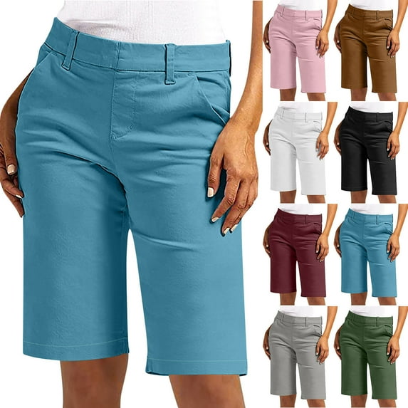 Women's Bermuda Shorts with Pocket Knee Length Stretch Comfy Drawstring Long Shorts for Women Summer Walking Pink,3XL