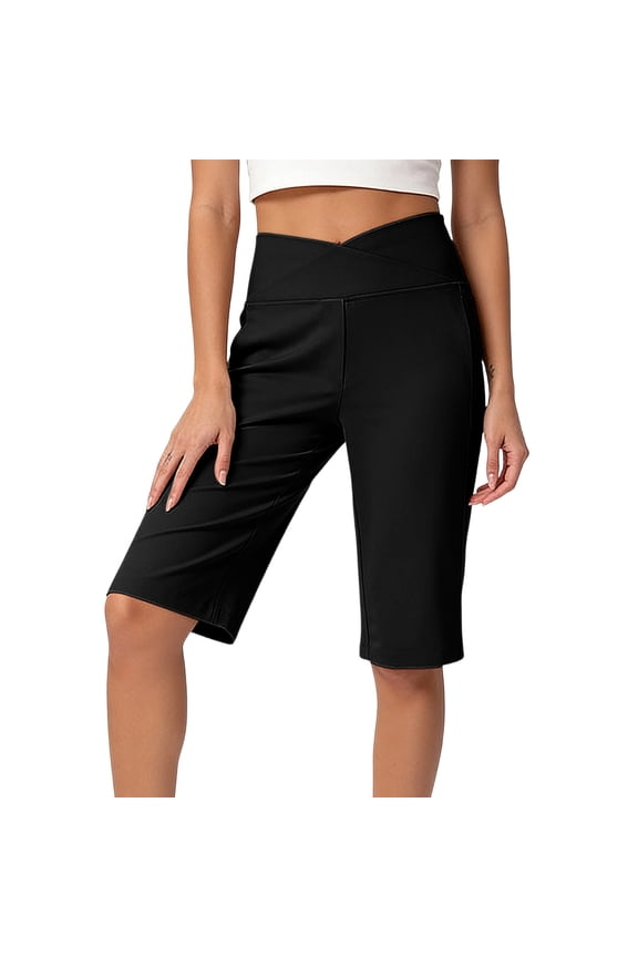 Women's Bermuda Shorts with Pockets Crossover High Waist Long Shorts for Women 11" Knee Length Workout Pant (L, Black)