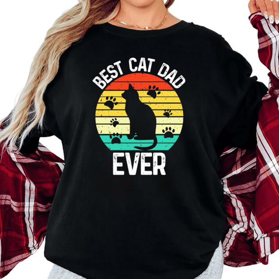 Women's Best Cat Dad Ever Retro Sunset Cat Silhouette Paw Print Graphic Breathable T Shirt Short Sleeve Round Neck Top Black S-5XL