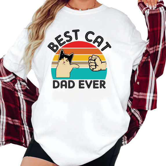 Women's Best Cat Dad Ever Retro Sunset Fist Bump Cartoon Cat Graphic Casual T Shirt Short Sleeve Round Neck Top White S-5XL