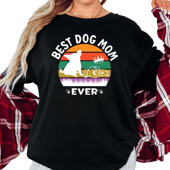 Women's Best Dog Mom Ever Retro Sunset Fist Bump Graphic T Shirt Cute Dog Lover Gift Idea Short Sleeve Round Neck Top Black S-5XL