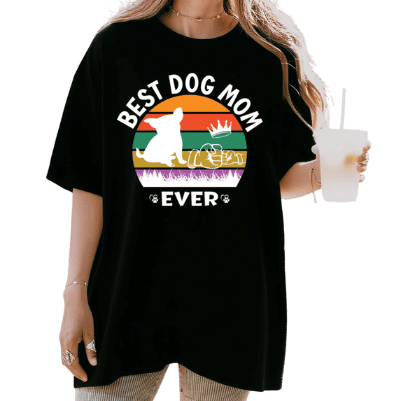Women's Best Dog Mom Ever Retro Sunset Fist Bump Graphic T Shirt Cute Dog Lover Gift Idea Short Sleeve Round Neck Top Black S-5XL