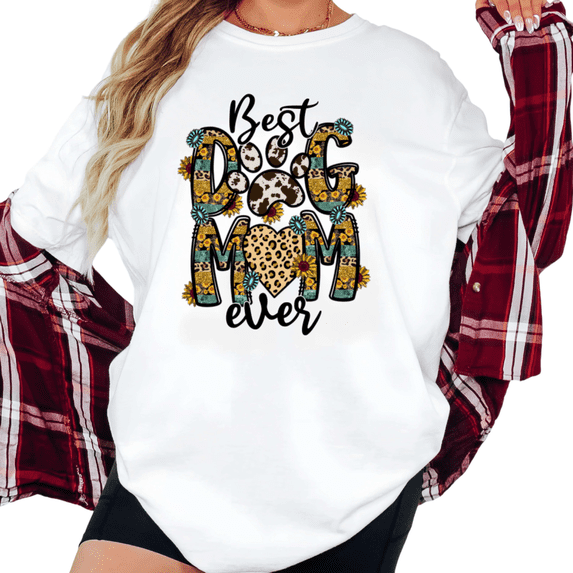 Women's Best Dog Mom Ever Western Sunflower Cow Print Graphic Breathable T Shirt Short Sleeve Round Neck Top Black S-5XL