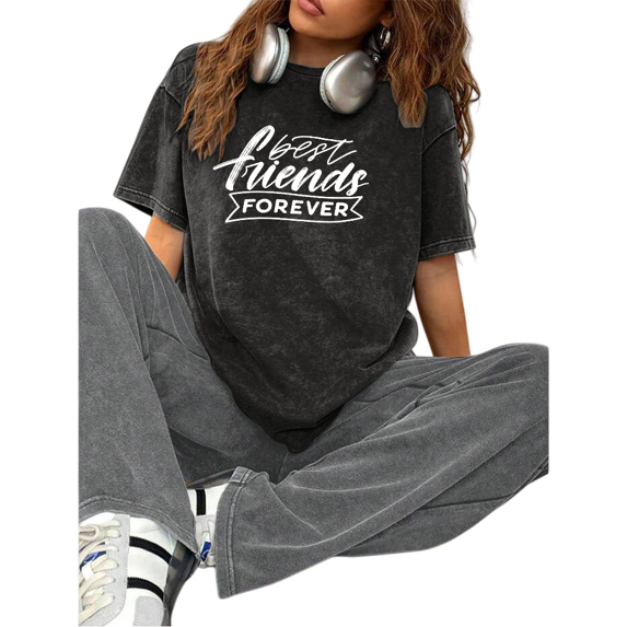 Women's "Best Friends Forever Retro Graphic" Breathable Washed T Shirt Casual Cotton Black S-2XL Plus Size
