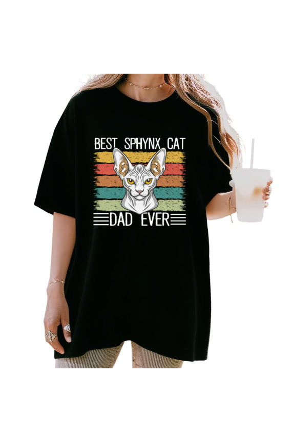 Women's Best Sphynx Cat Dad Ever Striped Hairless Cat Portrait Graphic T Shirt Funny Gift Idea Short Sleeve Round Neck Top Black S-5XL