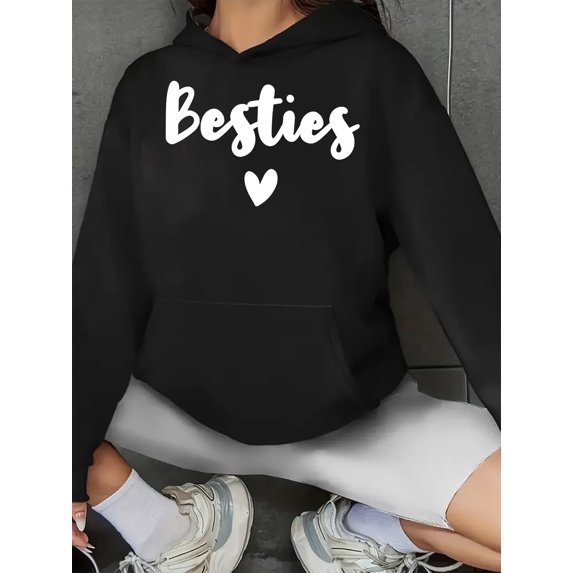 Women's Besties Heart & Letter Print Fleece-Lined Hoodie with Kangaroo Pocket - Cozy Casual Pullover Sweatshirt for All Seasons, Machine Washable, Cute Hoodie, Everyday Comfort Wear