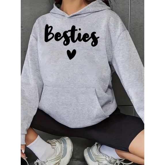 Women's Besties Heart & Letter Print Fleece-Lined Hoodie with Kangaroo Pocket - Cozy Casual Pullover Sweatshirt for All Seasons, Machine Washable, Cute Hoodie, Everyday Comfort Wear