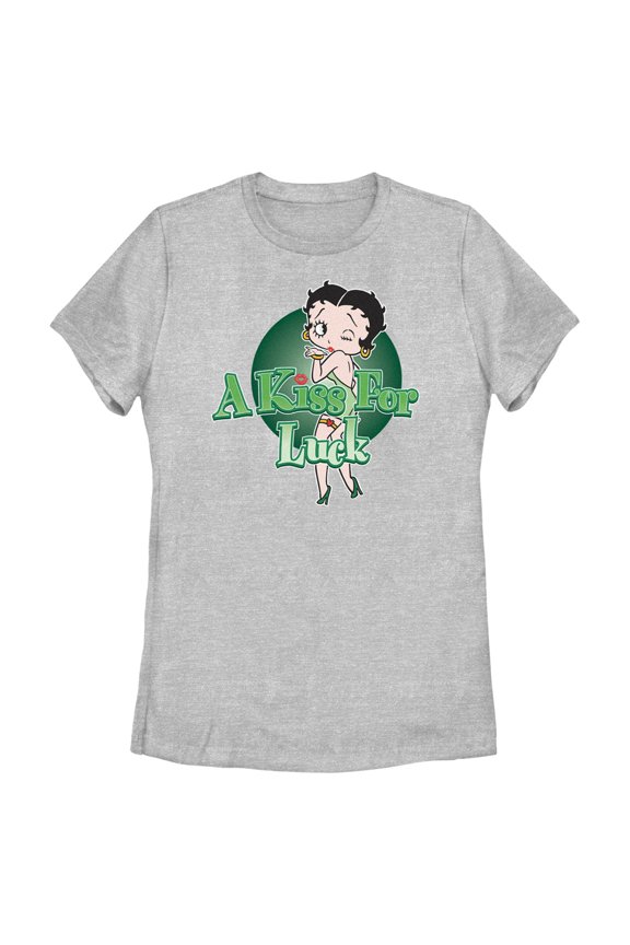 Women's Betty Boop St. Patrick's Day Betty A Kiss for Luck Graphic Tee Athletic Heather 2X Large