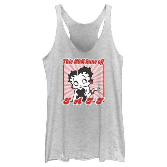 Women's Betty Boop This Mom Runs Off Sass Racerback Tank Top White Heather Medium