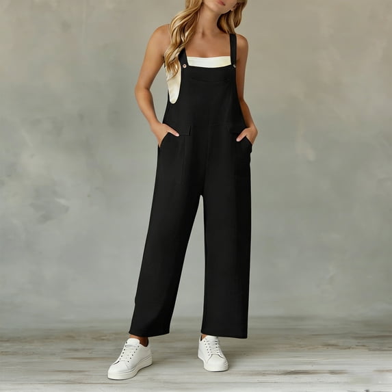 Women's Bib Overalls Loose Fit Wide Leg Jumpsuits Casual Rompers with Pockets Black 2XL