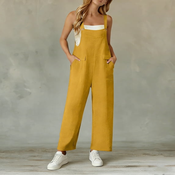 Women's Bib Overalls Loose Fit Wide Leg Jumpsuits Casual Rompers with Pockets Yellow XL