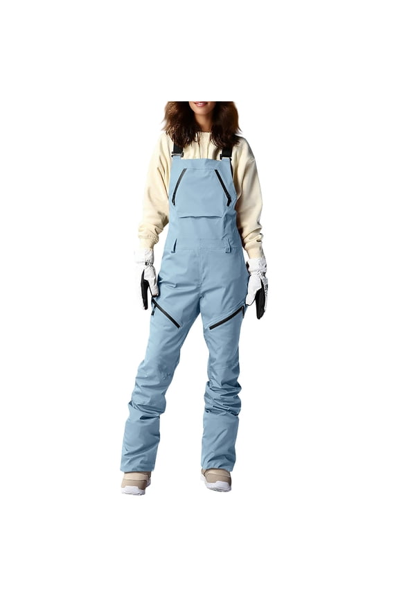 Women's Bib Snow Pants Waterproof Windproof Elastic Waist Insulated Romper Snowpants Overalls with Pockets for Skiing Light Blue 2XL